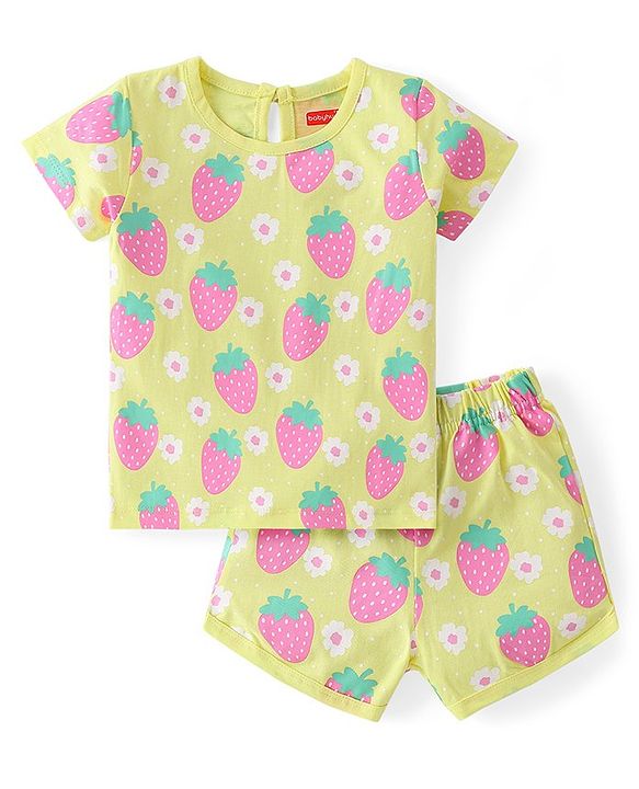 Babyhug Cotton Knit Half Sleeves Night Suit With Strawberries Print - Yellow