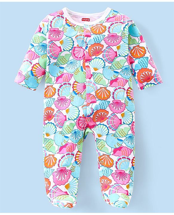 Babyhug Interlock Knit Full Sleeves Footed Sleep Suit Seashell Print - Multicolor