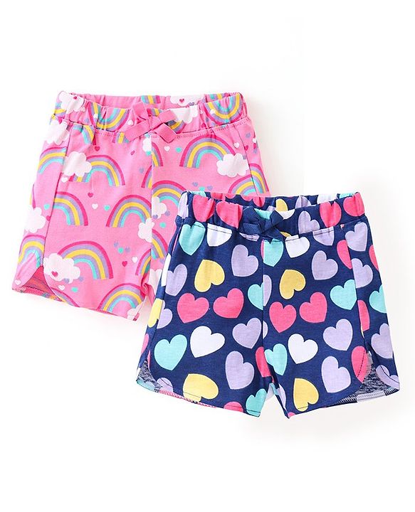 Babyhug Single Jersey Mid Thigh Shorts Rainbow & Hearts Print Pack of 2 - Multicolour