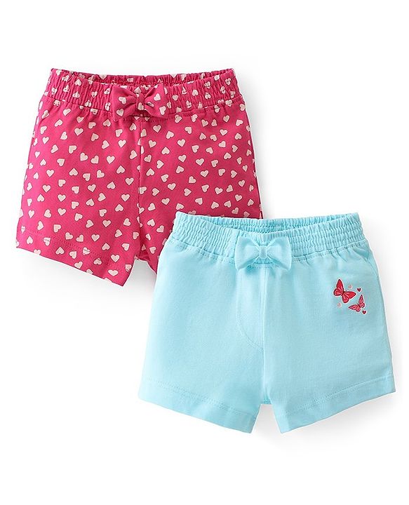 Babyhug Single Jersey Mid Thigh Shorts with Hearts and Butterfly Print Pack of 2 - Multicolour
