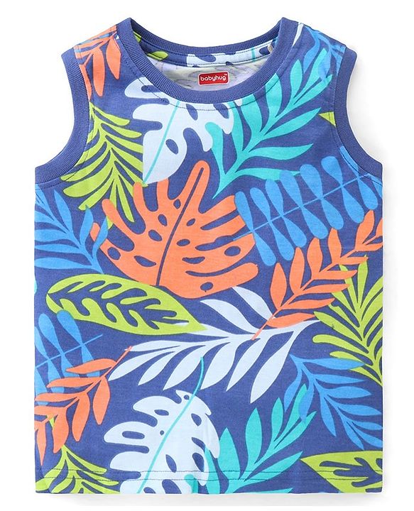 Babyhug Cotton Knit Sleeveless T-Shirt with Leaf Print - Navy Blue