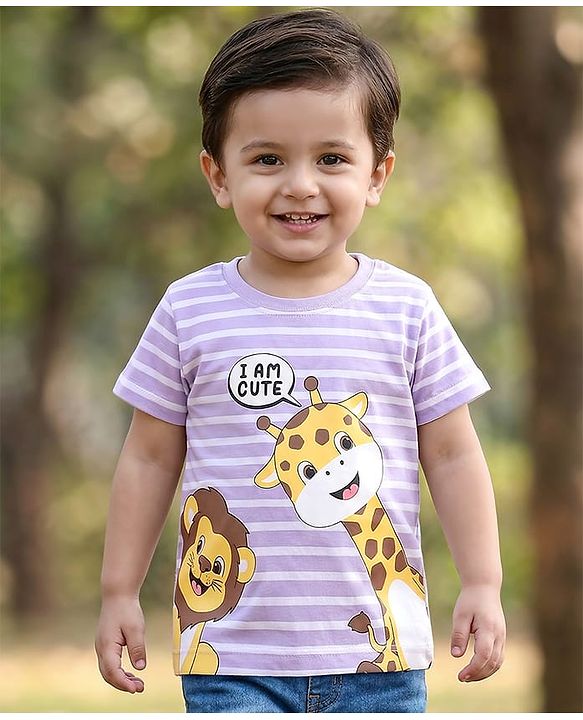 Babyhug Cotton Knit Half Sleeves Striped T-Shirt Giraffe Print - Purple