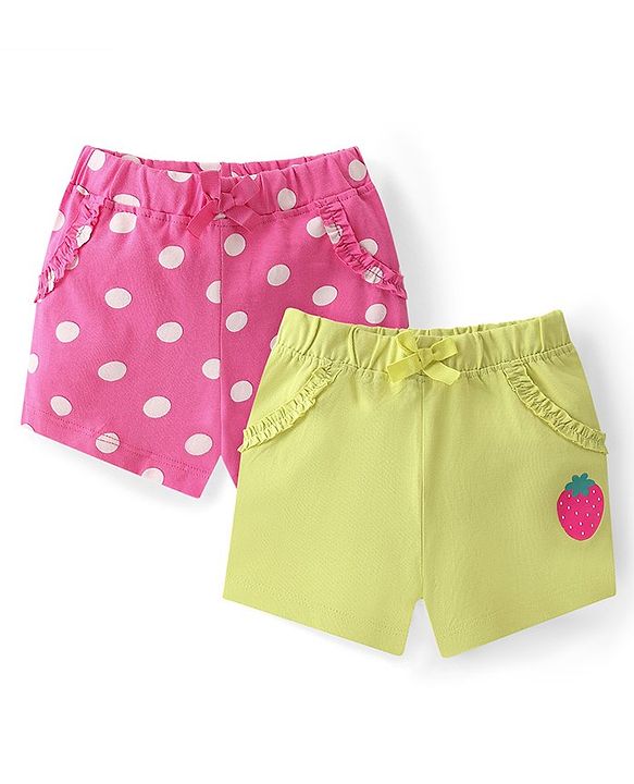 Babyhug Single Jersey Cotton Knit Mid Thigh Length Polka Dots & Strawberry Print Shorts Pack of 2 - Pink & Green