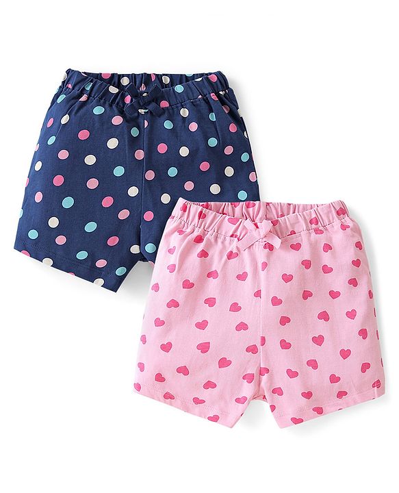 Babyhug Single Jersey Mid Thigh Shorts Heart & Polka Dots Print  Pack of 2 - Multicolour
