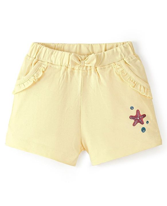 Babyhug Single Jersey Mid Thigh Length Shorts With Star Print - Yellow