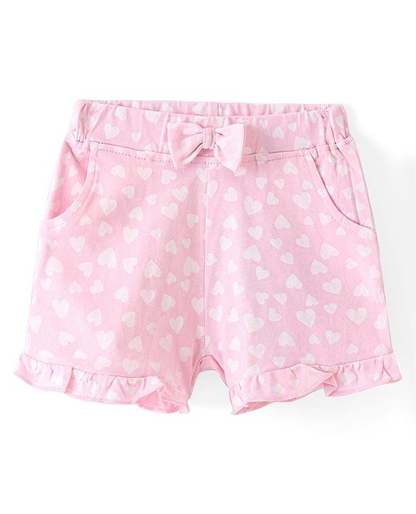 Babyhug Single Jersey  Knit Mid Thigh Length Shorts Heart Print Bow Applique - Pink