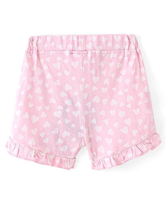 Babyhug Single Jersey  Knit Mid Thigh Length Shorts Heart Print Bow Applique - Pink