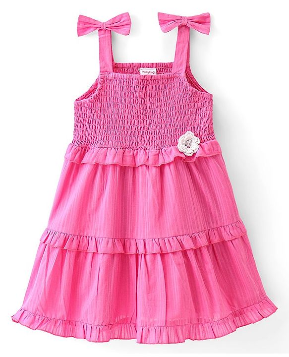 Babyhug Cotton Woven Knit Sleeveless Frock with Floral Applique - Pink