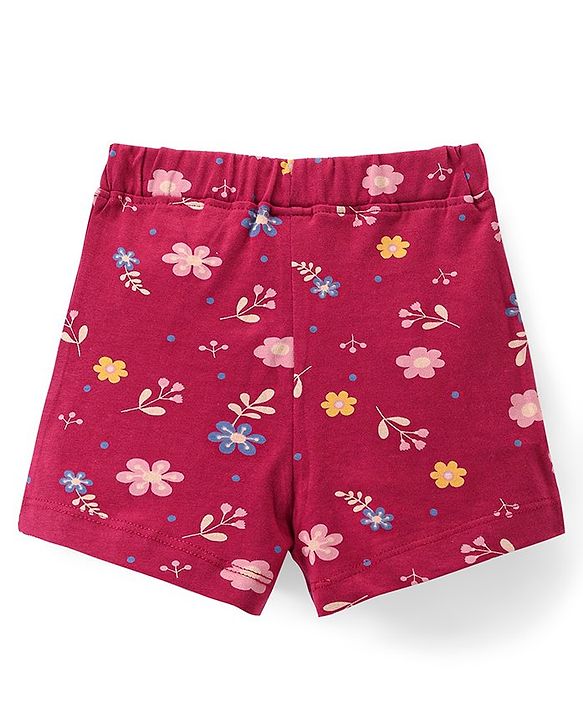 Babyhug Single Jersey Mid Thigh Floral Printed Shorts - Maroon