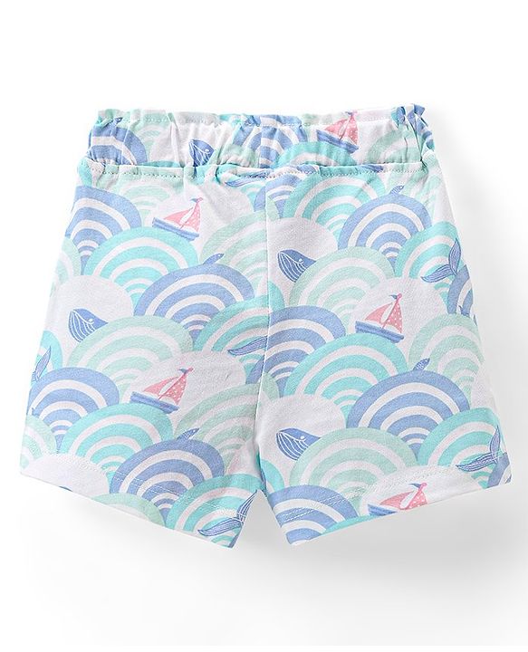 Babyhug Single Jersey Knit Mid Thigh Whale Printed Shorts - White & Blue