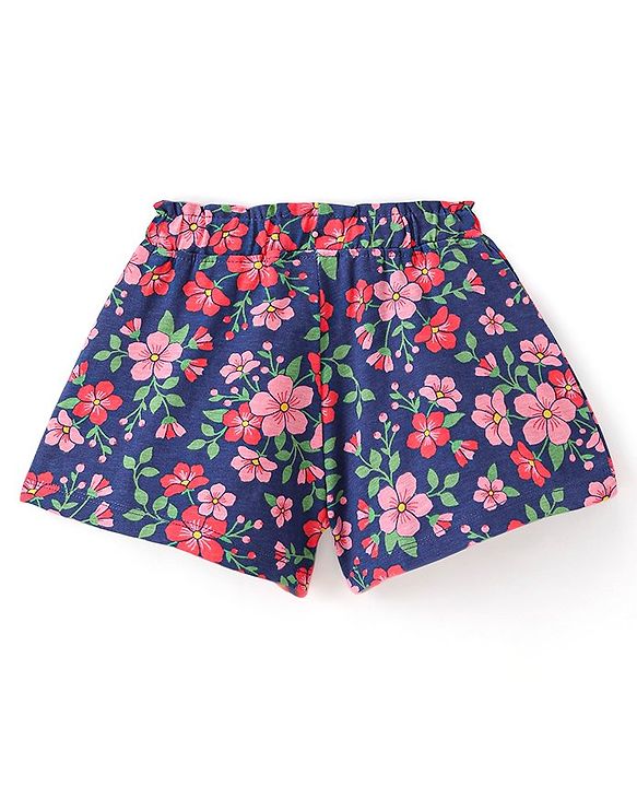 Babyhug Single Jersey Knit Mid Thigh Floral Printed & Bow Applique Shorts - Navy Blue