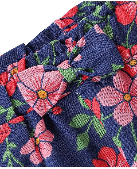 Babyhug Single Jersey Knit Mid Thigh Floral Printed & Bow Applique Shorts - Navy Blue