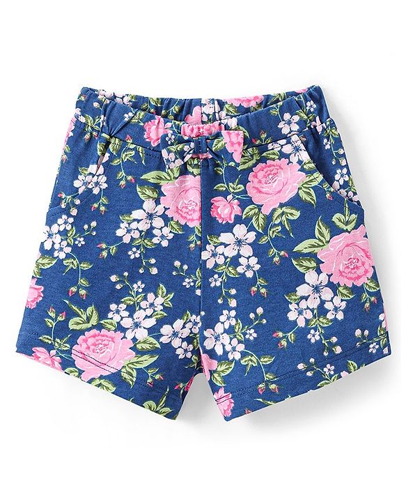 Babyhug Single Jersey Knit Mid Thigh Floral Printed Shorts - Navy Blue