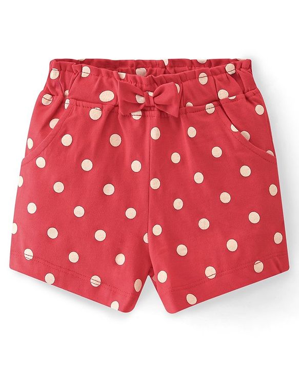 Babyhug Cotton Knit Single Jersey Mid Thigh Shorts With Polka Dots Print - Red