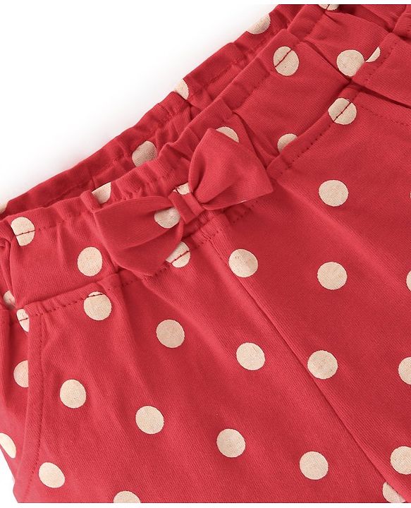 Babyhug Cotton Knit Single Jersey Mid Thigh Shorts With Polka Dots Print - Red