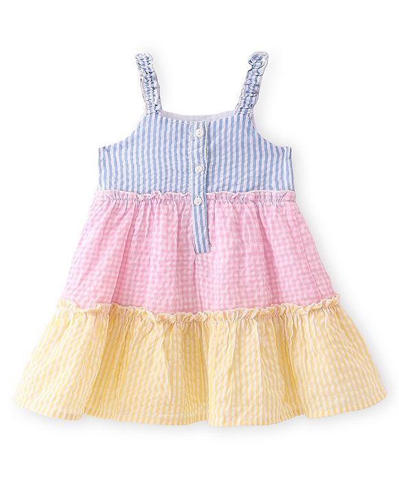 Babyhug Rayon Woven Sleeveless Frock With Bow Applique - Blue Pink & Yellow