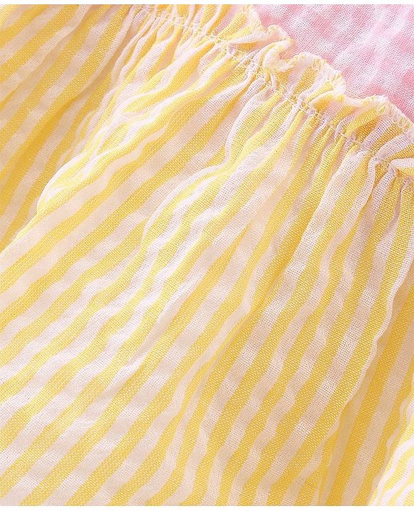 Babyhug Rayon Woven Sleeveless Frock With Bow Applique - Blue Pink & Yellow