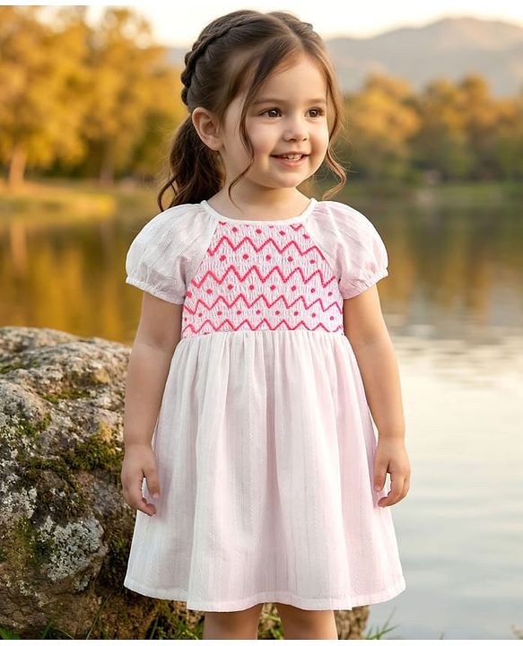 Babyhug 100% Cotton Knit Half Sleeves Frock With Shapes Print - White & Pink