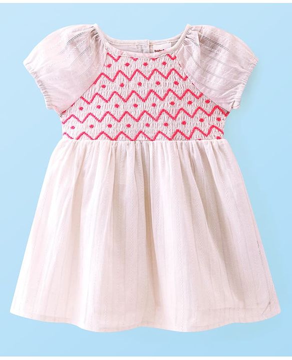 Babyhug 100% Cotton Knit Half Sleeves Frock With Shapes Print - White & Pink