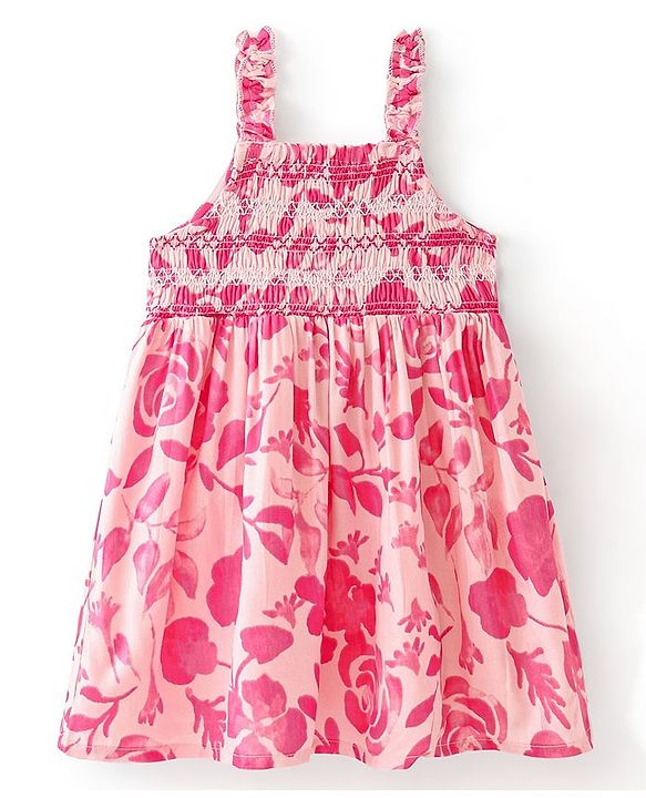 Babyhug Rayon Woven Sleeveless Frock With Headband Floral Print - Pink