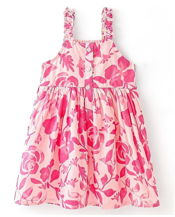 Babyhug Rayon Woven Sleeveless Frock With Headband Floral Print - Pink