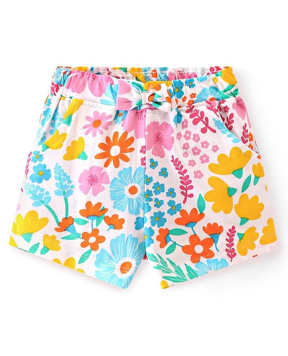 Babyhug Cotton Knit Single Jersey Mid Thigh Shorts With Floral Print - Pink & White