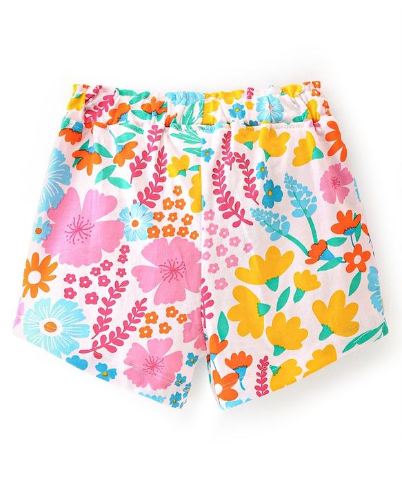 Babyhug Cotton Knit Single Jersey Mid Thigh Shorts With Floral Print - Pink & White