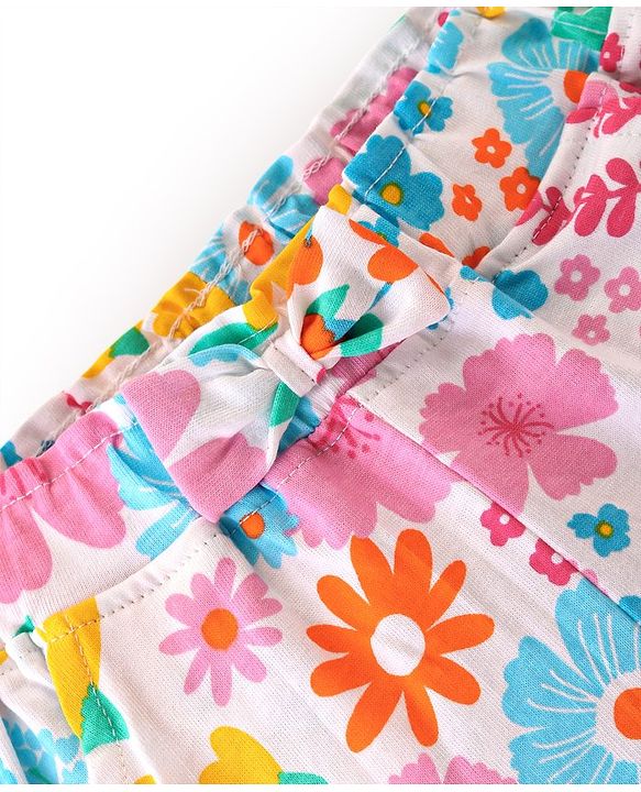 Babyhug Cotton Knit Single Jersey Mid Thigh Shorts With Floral Print - Pink & White