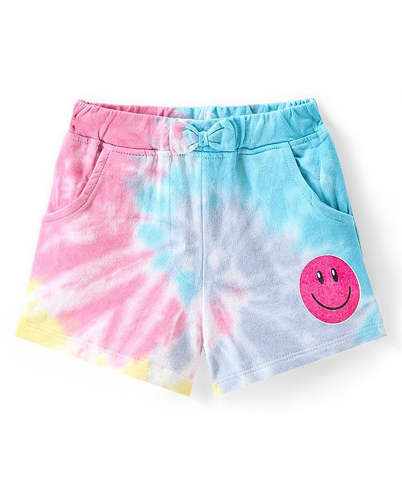 Babyhug Cotton Looper Knit Mid Thigh Smiley Printed Tie & Dye Shorts - Multicolour