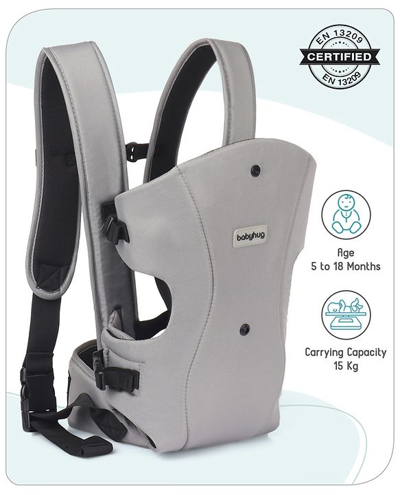 Babyhug  Elegant 3-in-1 Baby Carrier: Lightweight, Breathable fabric, Ergonomic design, Padded straps, Waist belt, 3 carry positions (inward, outward, back), Adjustable seat, Washable cover, Supports up to 15 kg- Grey