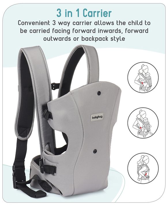 Babyhug  Elegant 3-in-1 Baby Carrier: Lightweight, Breathable fabric, Ergonomic design, Padded straps, Waist belt, 3 carry positions (inward, outward, back), Adjustable seat, Washable cover, Supports up to 15 kg- Grey