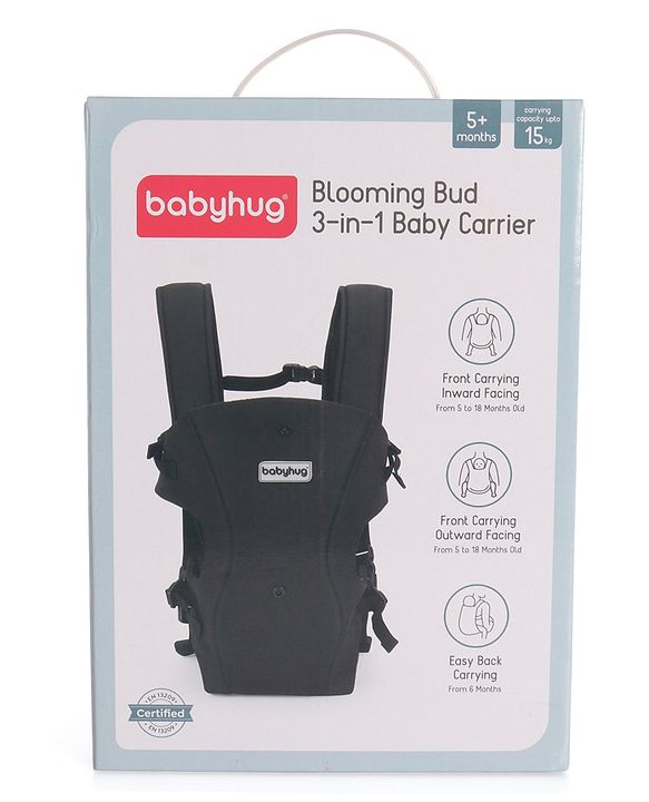 Babyhug  Elegant 3-in-1 Baby Carrier: Lightweight, Breathable fabric, Ergonomic design, Padded straps, Waist belt, 3 carry positions (inward, outward, back), Adjustable seat, Washable cover, Supports up to 15 kg- Grey