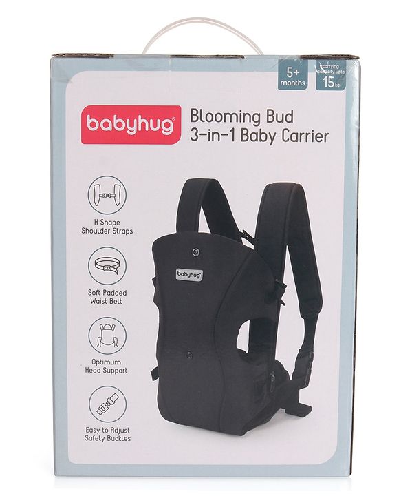Babyhug  Elegant 3-in-1 Baby Carrier: Lightweight, Breathable fabric, Ergonomic design, Padded straps, Waist belt, 3 carry positions (inward, outward, back), Adjustable seat, Washable cover, Supports up to 15 kg- Grey