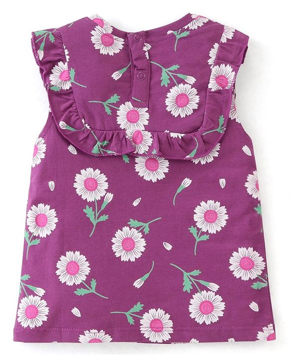 Babyhug 100% Cotton Knit  Sleeveless Top with Frill Detailing & Floral  Print - Purple