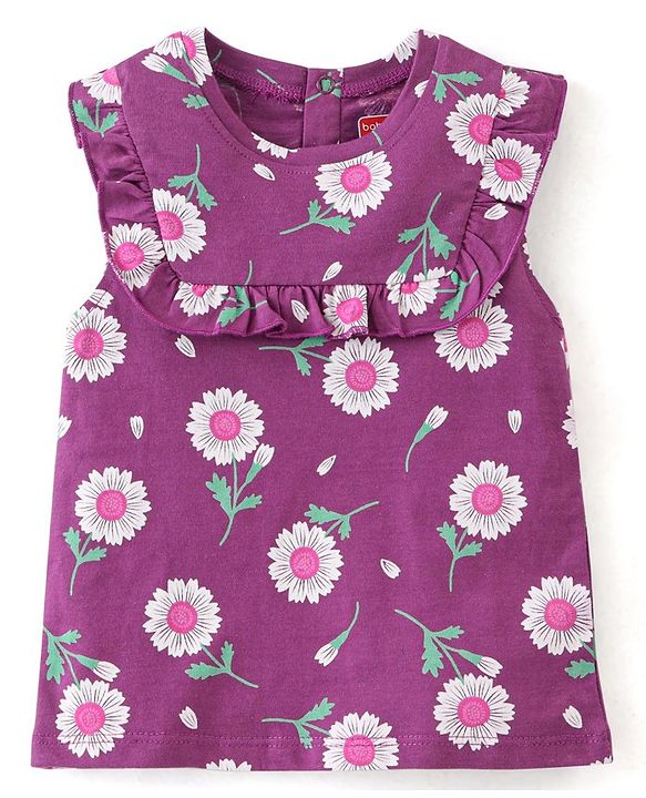 Babyhug 100% Cotton Knit  Sleeveless Top with Frill Detailing & Floral  Print - Purple