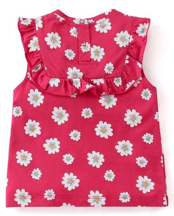 Babyhug 100% Cotton Knit Sleeveless Top with Frill Detailing & Floral Print - Dark Pink