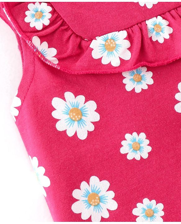 Babyhug 100% Cotton Knit Sleeveless Top with Frill Detailing & Floral Print - Dark Pink
