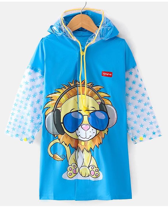 Babyhug Full Sleeves Knee Length Raincoat Lion Roar Print - Sky Blue
