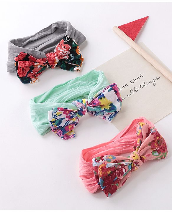 Babyhug Free Size Headbands With Bow Applique Pack of 3 - Grey Green & Pink