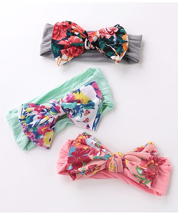 Babyhug Free Size Headbands With Bow Applique Pack of 3 - Grey Green & Pink