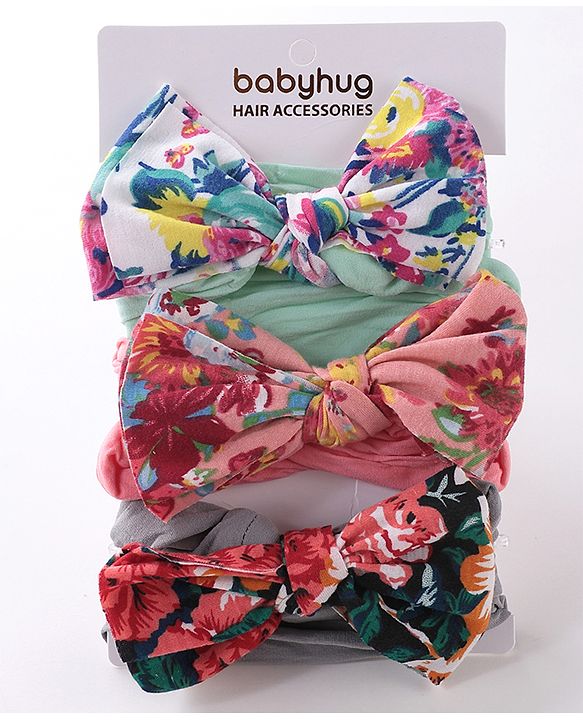 Babyhug Free Size Headbands With Bow Applique Pack of 3 - Grey Green & Pink