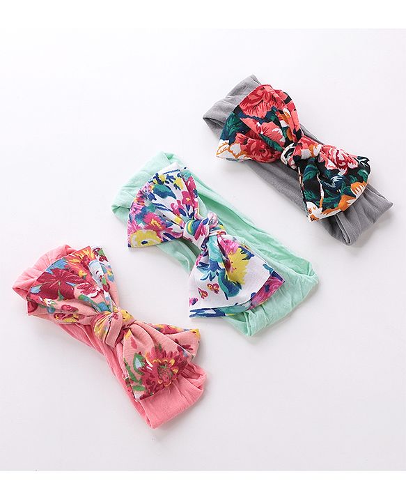 Babyhug Free Size Headbands With Bow Applique Pack of 3 - Grey Green & Pink