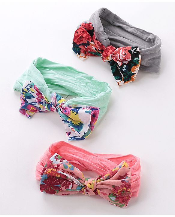 Babyhug Free Size Headbands With Bow Applique Pack of 3 - Grey Green & Pink