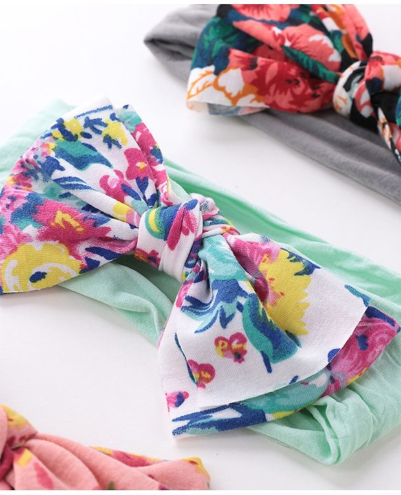 Babyhug Free Size Headbands With Bow Applique Pack of 3 - Grey Green & Pink