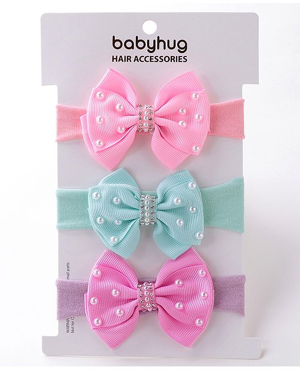 Babyhug Bow Applique Headbands Pack of 3 - Multicolor