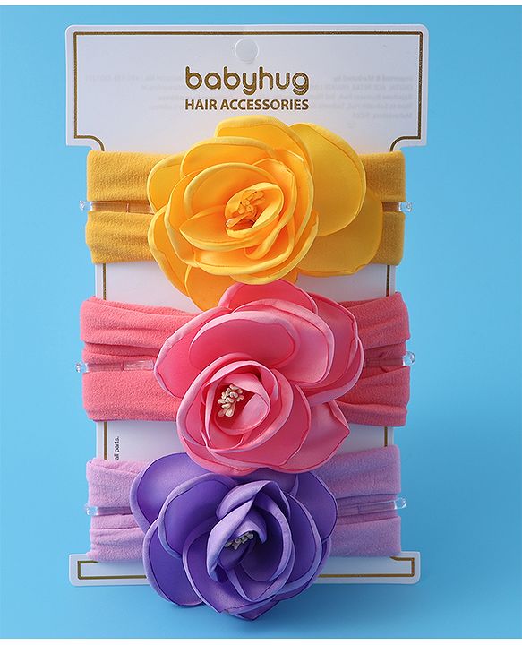Babyhug Free Size Headbands With Flower Applique Pack of 3 - Yellow Pink & Purple