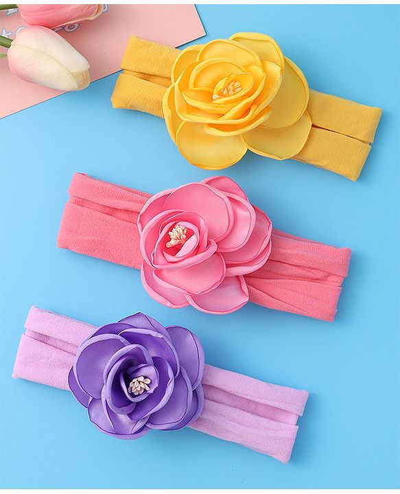 Babyhug Free Size Headbands With Flower Applique Pack of 3 - Yellow Pink & Purple