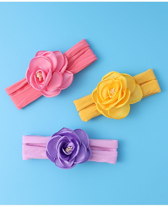 Babyhug Free Size Headbands With Flower Applique Pack of 3 - Yellow Pink & Purple