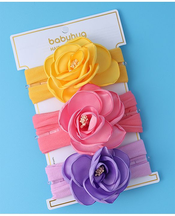 Babyhug Free Size Headbands With Flower Applique Pack of 3 - Yellow Pink & Purple