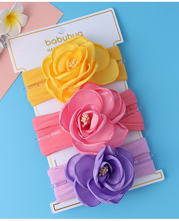 Babyhug Free Size Headbands With Flower Applique Pack of 3 - Yellow Pink & Purple
